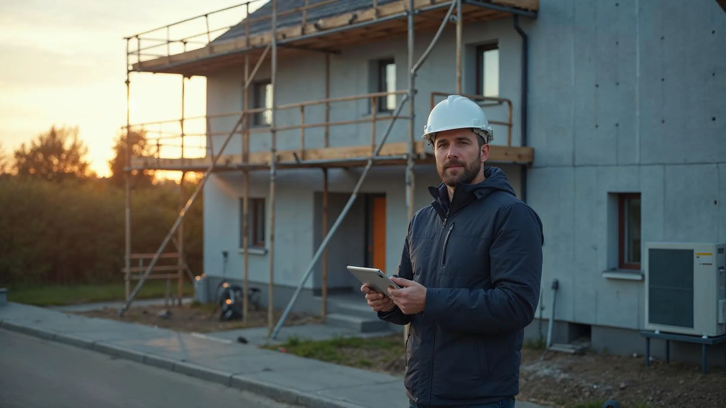 KI-erzeugtes Bild: Energieberater mit Tablet vor einem eingerüsteten Wohnhaus mit Dämmplatten und Wärmepumpe im späten Tageslicht